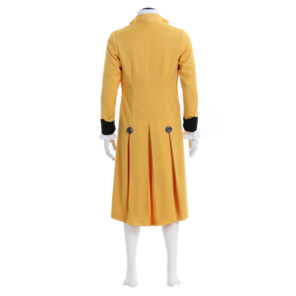 Medieval Men's Yellow with Black Trim and White Ruffle Court Coat Costume for Cosplay Themed Events Halloween Christmas or Themed Parties