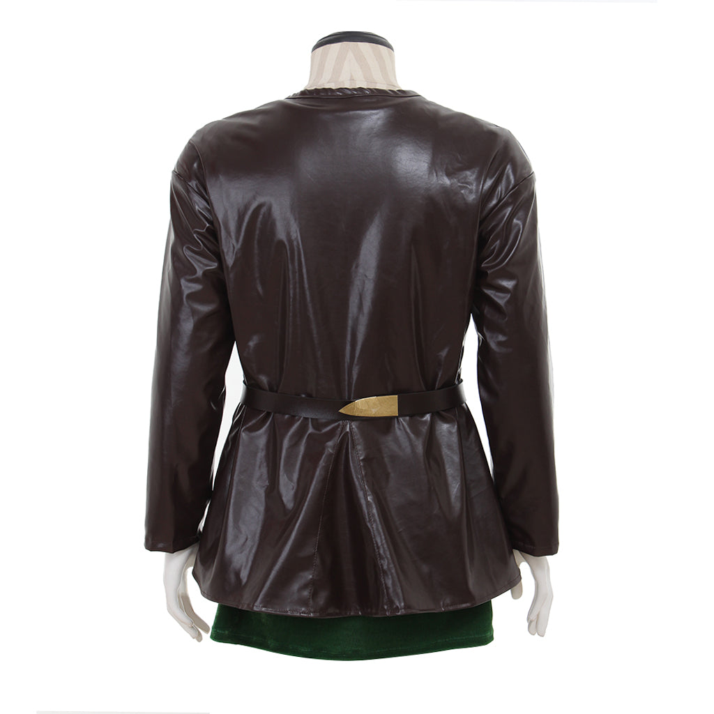 Medieval Men's Brown Leather Jacket with Black Belt and Green Lining Costume for Cosplay Themed Events Halloween Christmas or Themed Parties