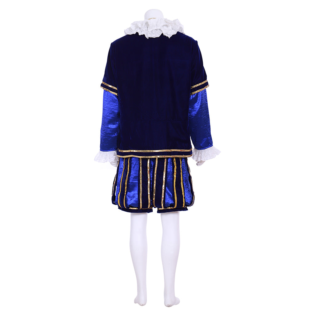 Medieval Men's Navy Blue Jacket with Gold Trim and White Ruffled Collar, Matching Blue Breeches for Cosplay or Themed Events Halloween Christmas or Themed Parties