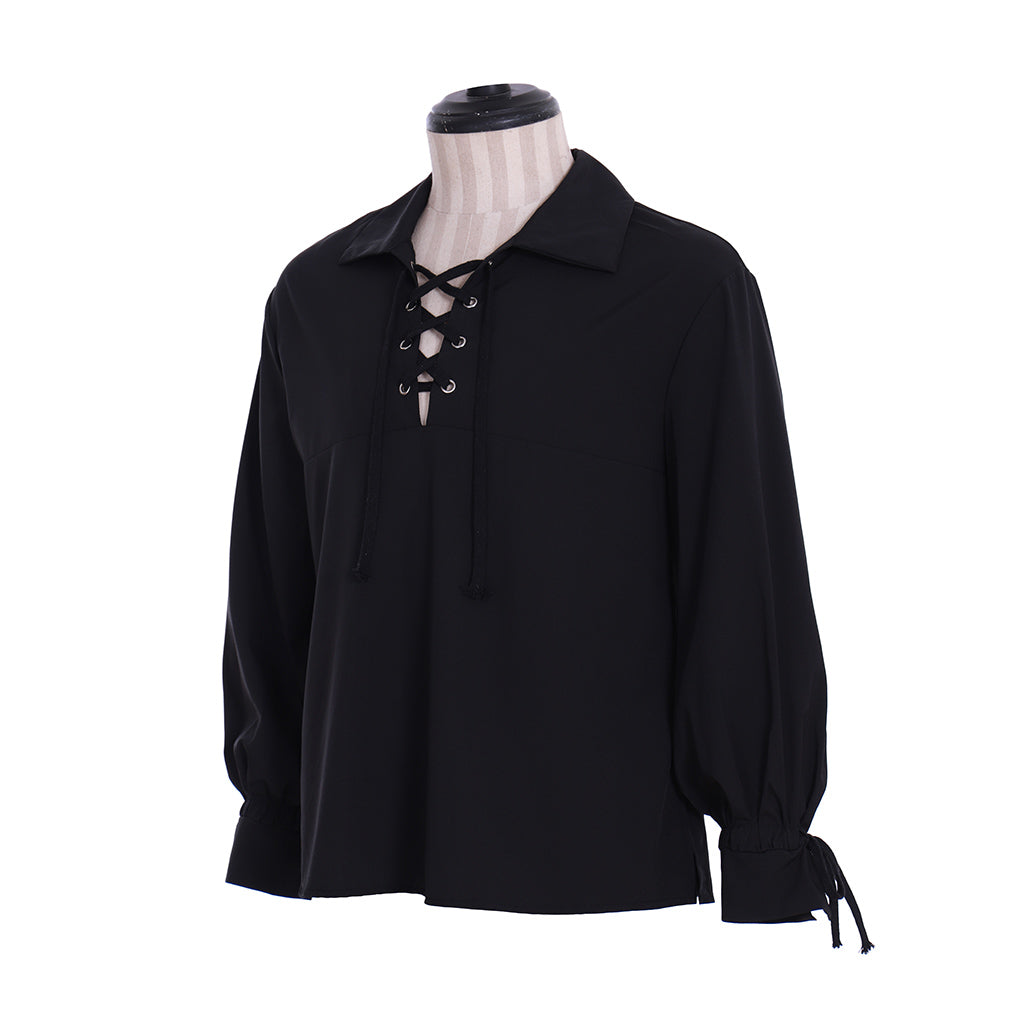 Medieval Men's White Long Sleeve Shirt with Spread Collar and Lace up Neckline for Cosplay Themed Events Halloween Christmas or Parties