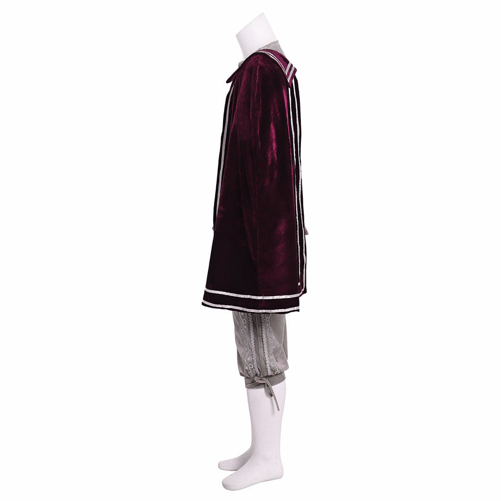 Renaissance Men's Gray Vest with White Trim and Maroon Cloak Tudor style and Gray Breeches for Cosplay Themed Events Halloween Christmas or Themed Parties