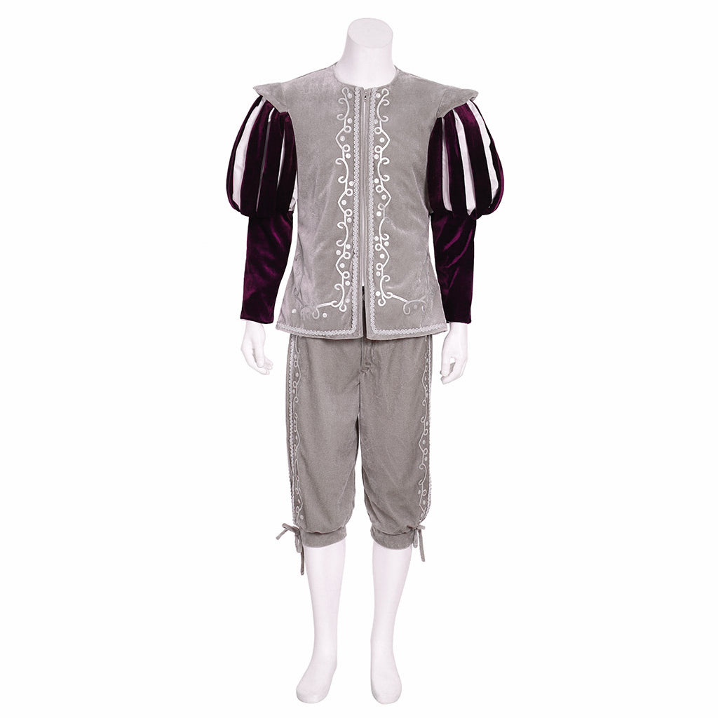 Renaissance Men's Gray Vest with White Trim and Maroon Cloak Tudor style and Gray Breeches for Cosplay Themed Events Halloween Christmas or Themed Parties
