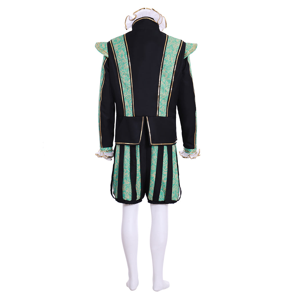 Medieval Men's Black Jacket with Green Trim and Striped Green Black Breeches for Cosplay or Themed Events Halloween Christmas or Themed Parties
