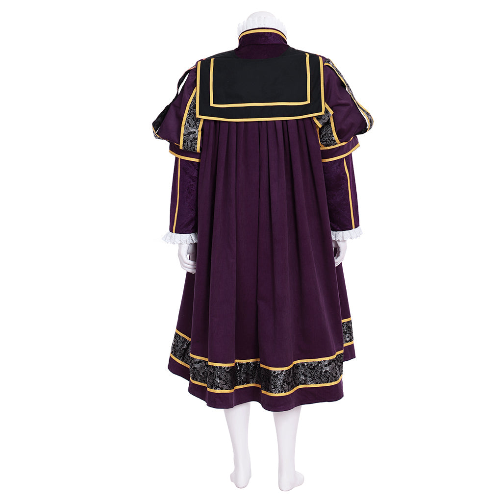 Renaissance Men's Purple Embroidered Robe with Gold Trim and Tricorn Hat Tudor - style for Cosplay Themed Events Halloween Christmas or Themed Parties