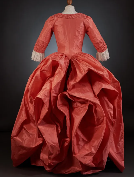 Rococo Style Coral Satin Gown with Elaborate Lace Embellishments and Layered Skirt for Historical Reenactments Halloween Christmas