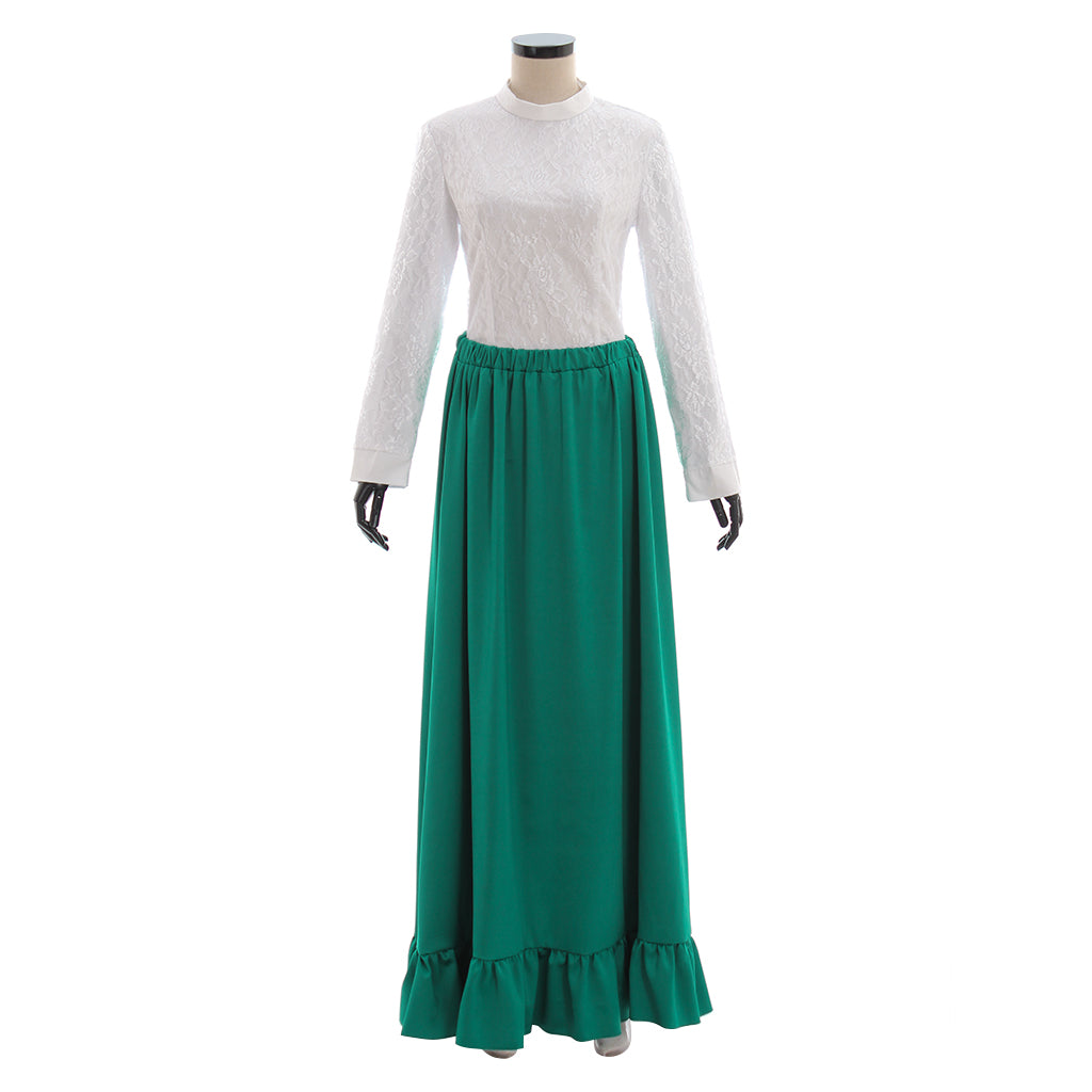 Medieval Women Renaissance Green Cosplay Costume Adult Vintage Court Button Up Ruffled Sleeve Square Neck Maxi Dress Ladies Halloween Christmas Square Neck Maxi Dress