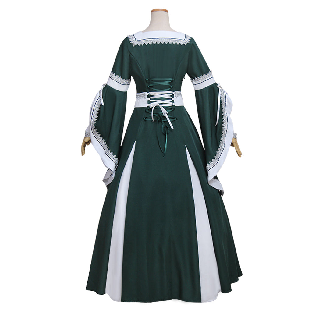 Medieval Women Renaissance Victorian Cosplay Costume Flared Long Sleeve White Trimmed Color Block Dark Green White Gown Adult Ladies Halloween Christmas Dress