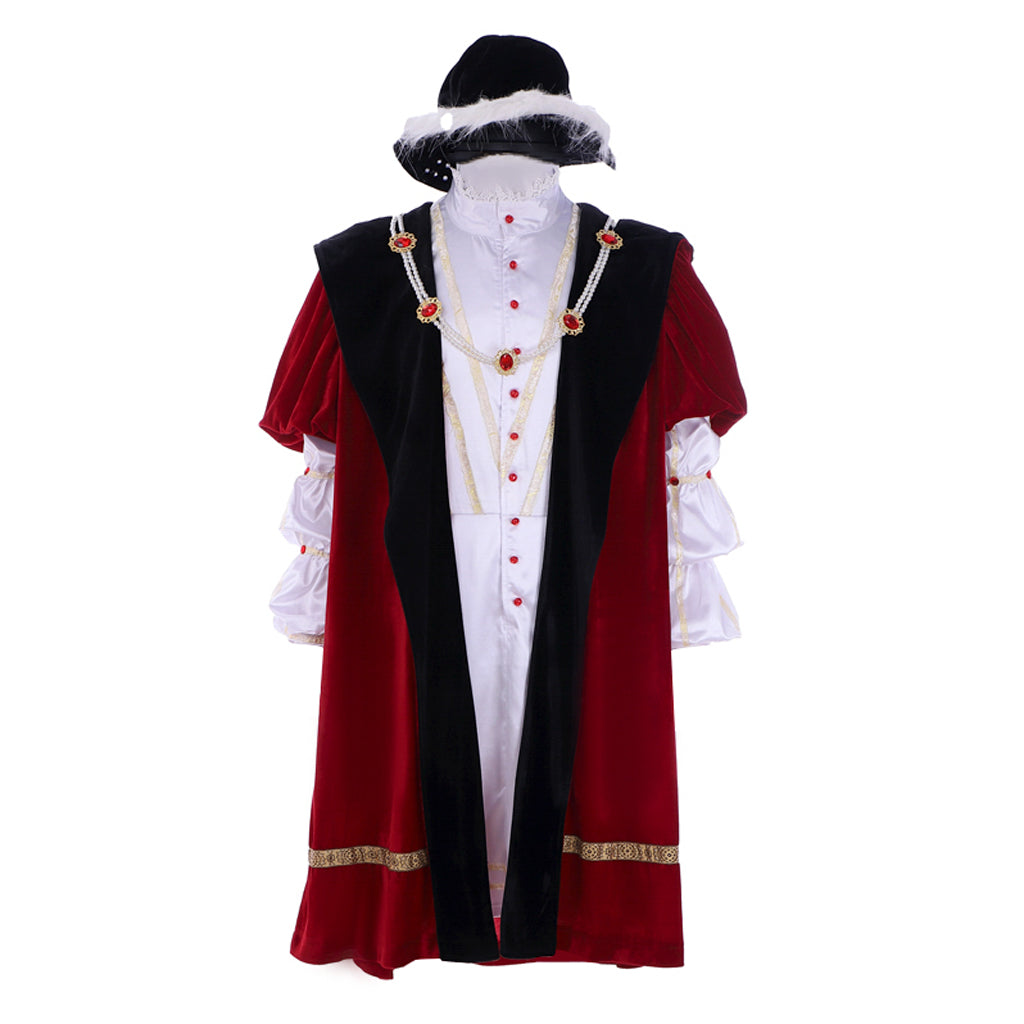 Tudor Noble Court Costume Crimson Velvet Robe with Black Panels Gold Trim Jeweled Accents Ruffled Sleeves and Black Feathered Hat for Historical Reenactments Halloween Christmas or Parties