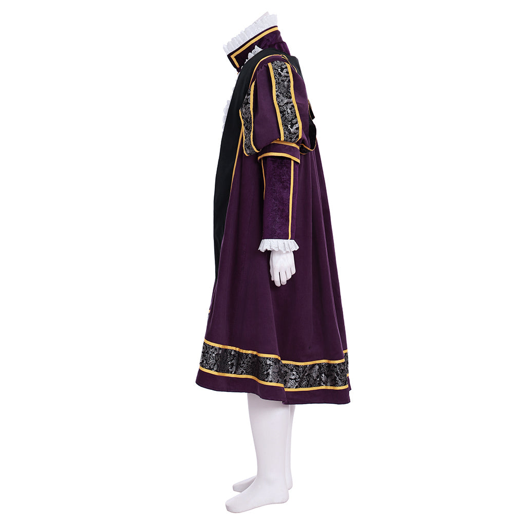 Renaissance Men's Purple Embroidered Robe with Gold Trim and Tricorn Hat Tudor - style for Cosplay Themed Events Halloween Christmas or Themed Parties