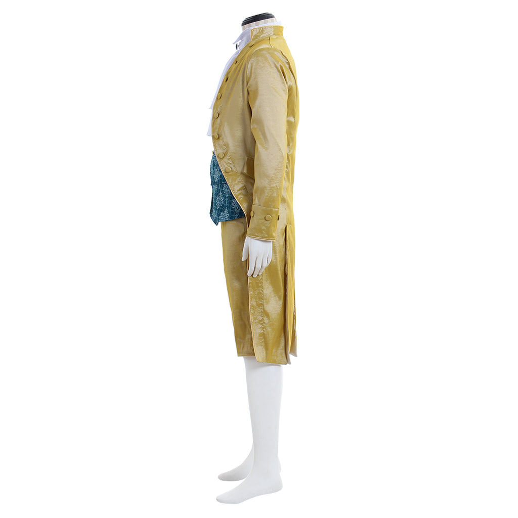 Medieval Men's Golden with White Ruffle and Blue Patterned Waistcoat Court Coat Costume for Cosplay Themed Events Halloween Christmas or Themed Parties