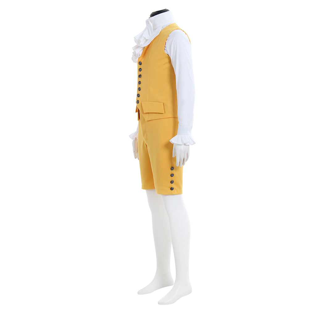 Medieval Men's Yellow with Black Trim and White Ruffle Court Coat Costume for Cosplay Themed Events Halloween Christmas or Themed Parties