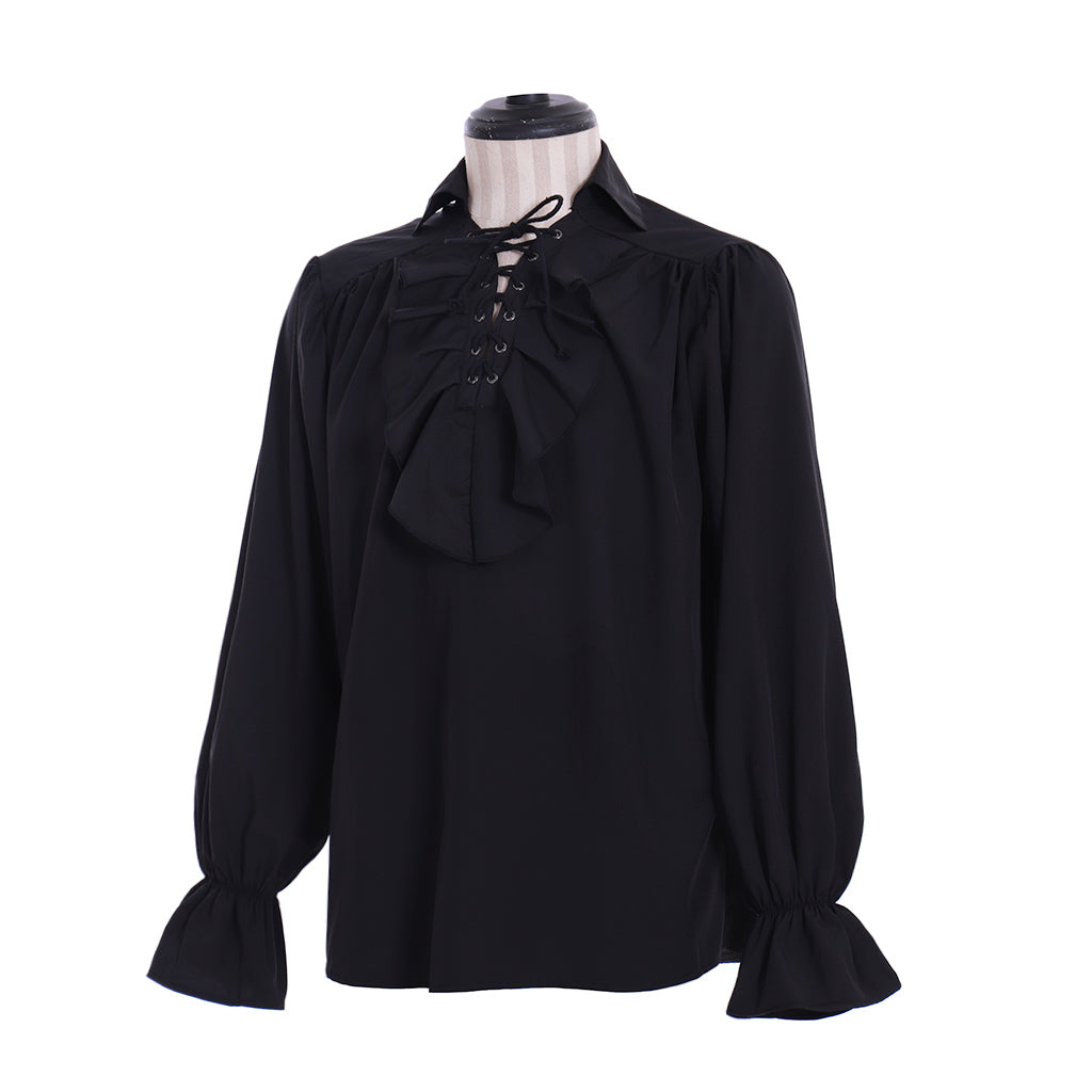 Medieval Men's White Long Sleeve Shirt with Ruffled Lace up Neckline and Flared Cuffs for Cosplay Themed Events Halloween Christmas or Parties