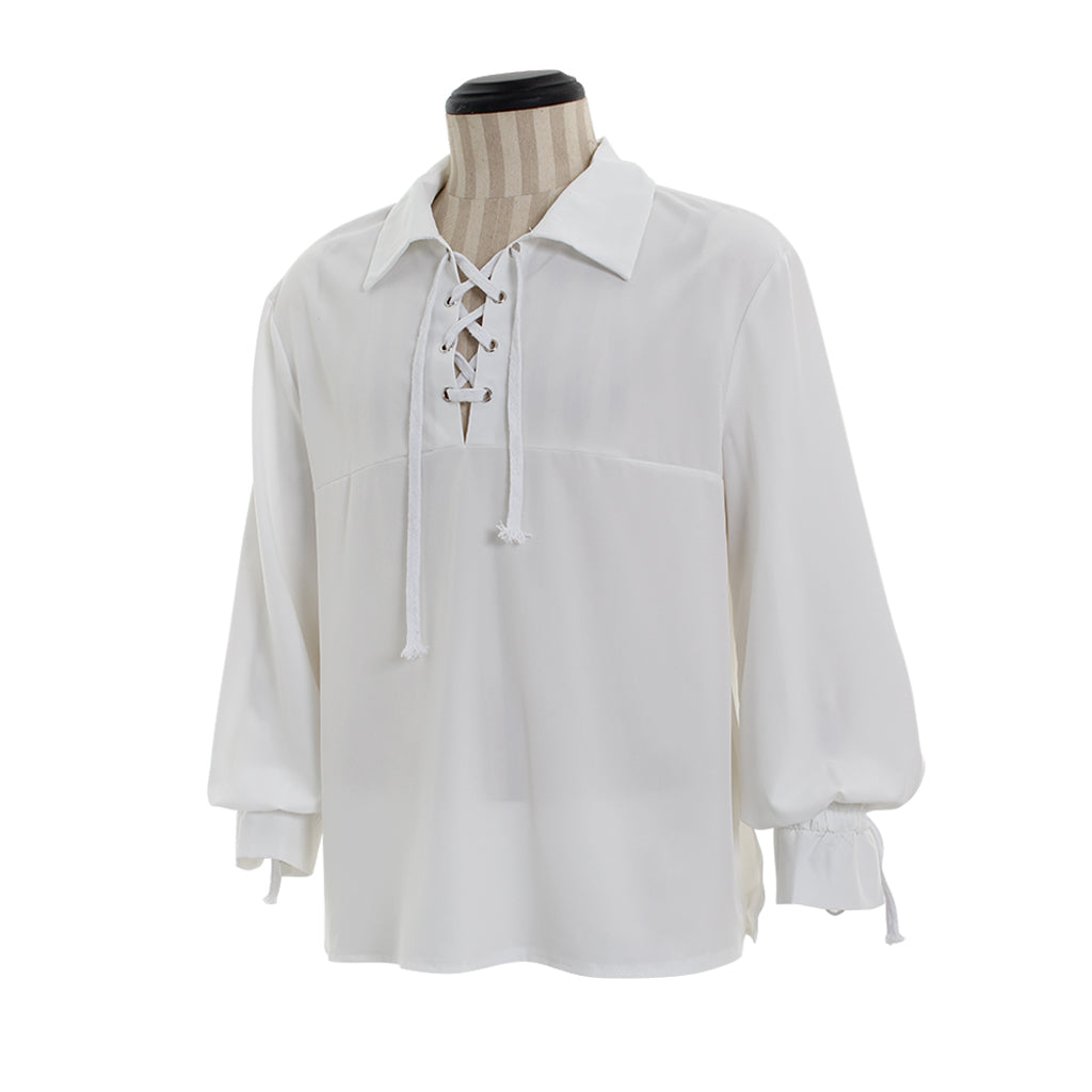 Medieval Men's White Long Sleeve Shirt with Spread Collar and Lace up Neckline for Cosplay Themed Events, Halloween, Christmas or Parties