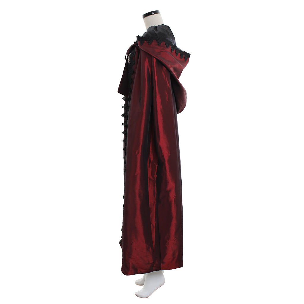 Medieval Gothic Burgundy Black Hooded Cloak Satin Cape with Lace Trim and Bowknot Women’s Renaissance Cosplay Halloween Costume