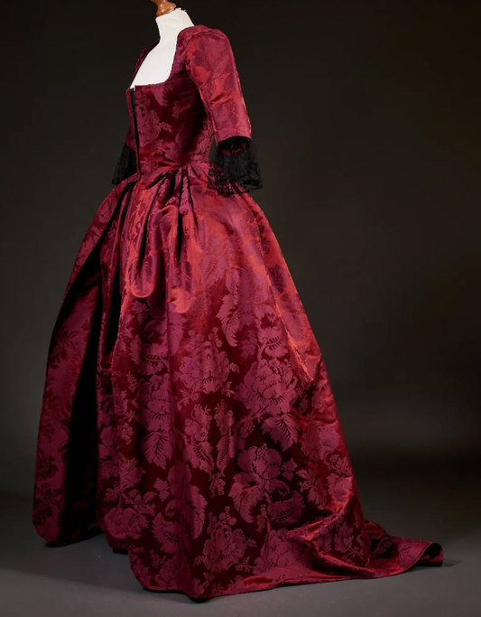 Rococo Style Burgundy Damask Satin Gown with Black Ruffled Cuff Embellishments for Historical Reenactments Halloween Christmas