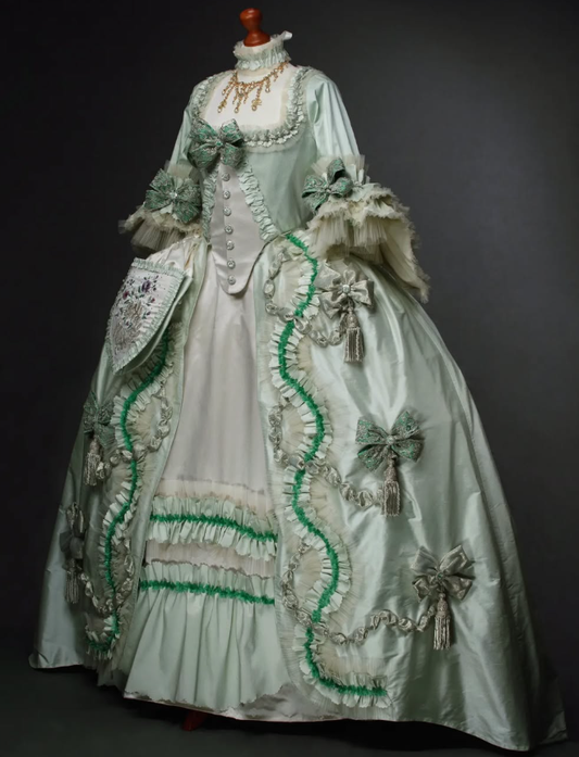Rococo Style Light Green Satin Gown with White Accents, Green Trim and Bow Embellishments for Halloween Christmas