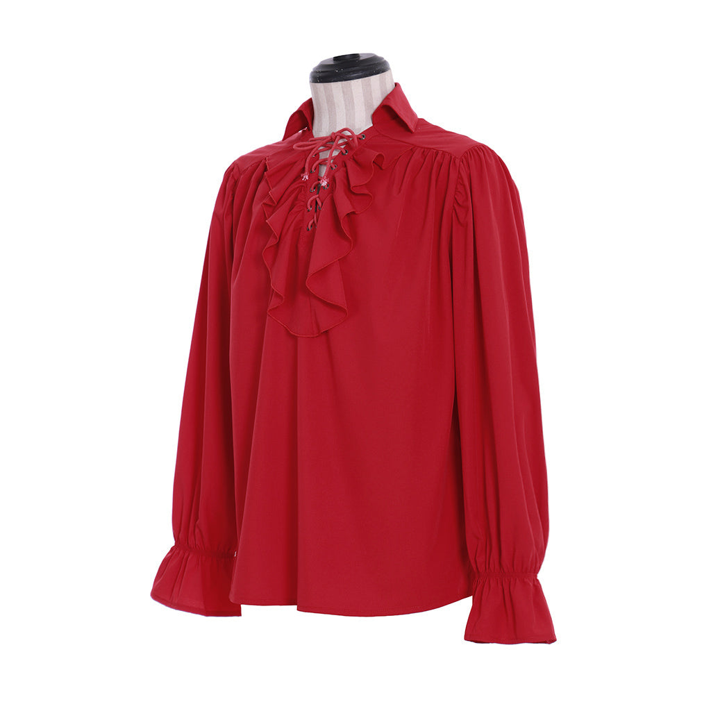 Medieval Men's White Long Sleeve Shirt with Ruffled Lace up Neckline and Flared Cuffs for Cosplay Themed Events Halloween Christmas or Parties