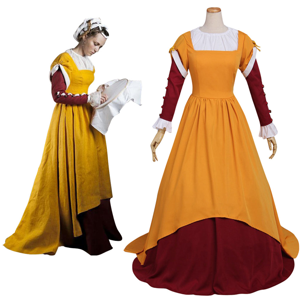 Medieval Women Renaissance Victorian Cosplay Costume Long Sleeve White Trimmed Contrast Trimmed Color Block Mustard Yellow Burgundy Gown Adult Ladies Halloween Christmas Dress