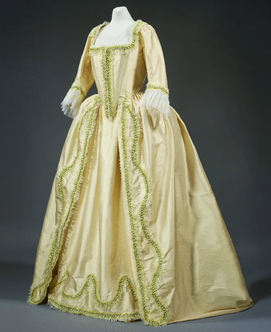 Rococo Style Satin Gown with Green Trim and Elaborate Detailing for Historical Reenactments Royal Court Halloween Christmas