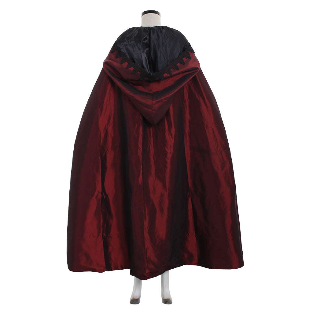 Medieval Gothic Burgundy Black Hooded Cloak Satin Cape with Lace Trim and Bowknot Women’s Renaissance Cosplay Halloween Costume