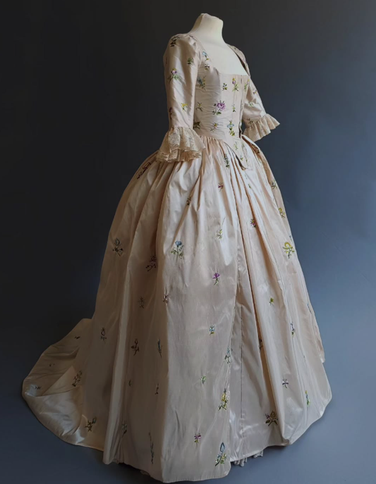 Rococo Style Pale Pink Satin Gown with Floral Embroidery and Elaborate Detailing for Royal Court Halloween Christmas