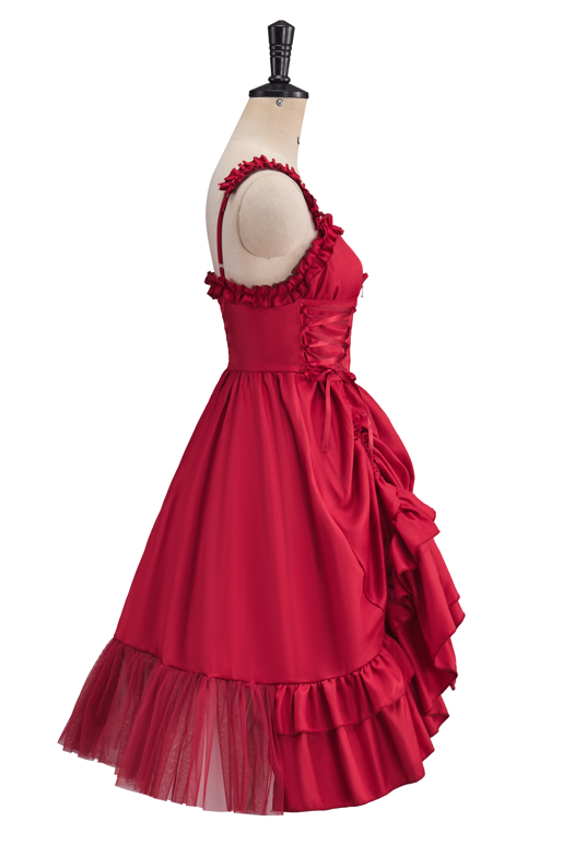 Victorian Red Strapless Ruffled Ball Gown for Historical Reenactments Victorian Themed Events Halloween and Christmas Celebrations