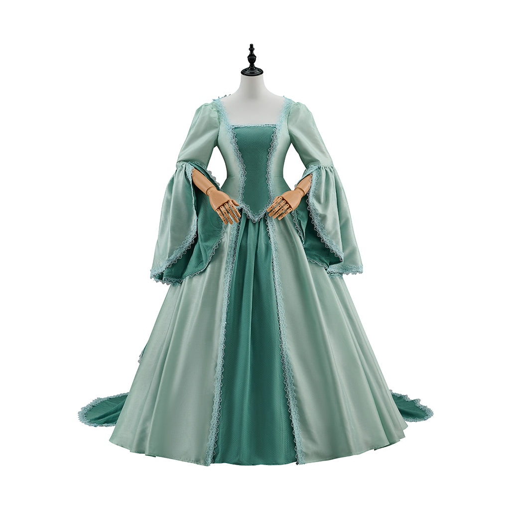 Renaissance Light Green Gown with Square Neckline Flared Sleeves and Flowing Skirt for Historical Reenactments Halloween Christmas