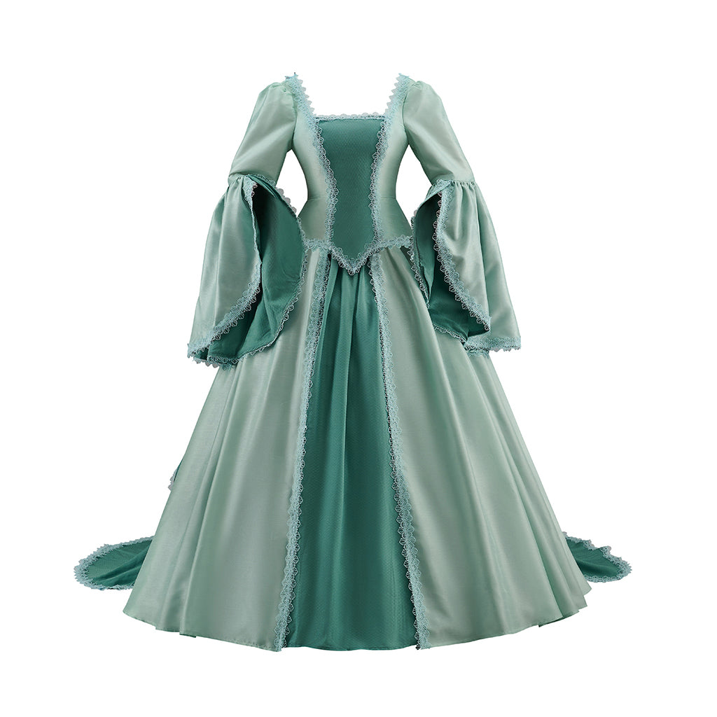Renaissance Light Green Gown with Square Neckline Flared Sleeves and Flowing Skirt for Historical Reenactments Halloween Christmas