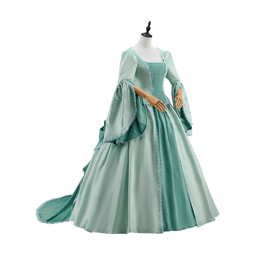 Renaissance Light Green Gown with Square Neckline Flared Sleeves and Flowing Skirt for Historical Reenactments Halloween Christmas