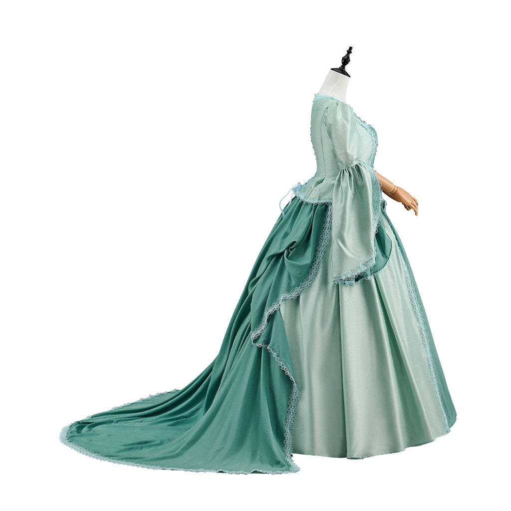 Renaissance Light Green Gown with Square Neckline Flared Sleeves and Flowing Skirt for Historical Reenactments Halloween Christmas