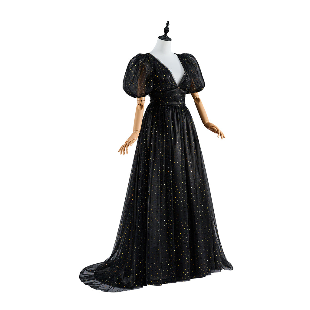 Regency Black V Neck Gown with Puff Sleeves and Flowing Skirt for Historical Reenactments Regency Themed Cosplay Events Formal Historical Galas