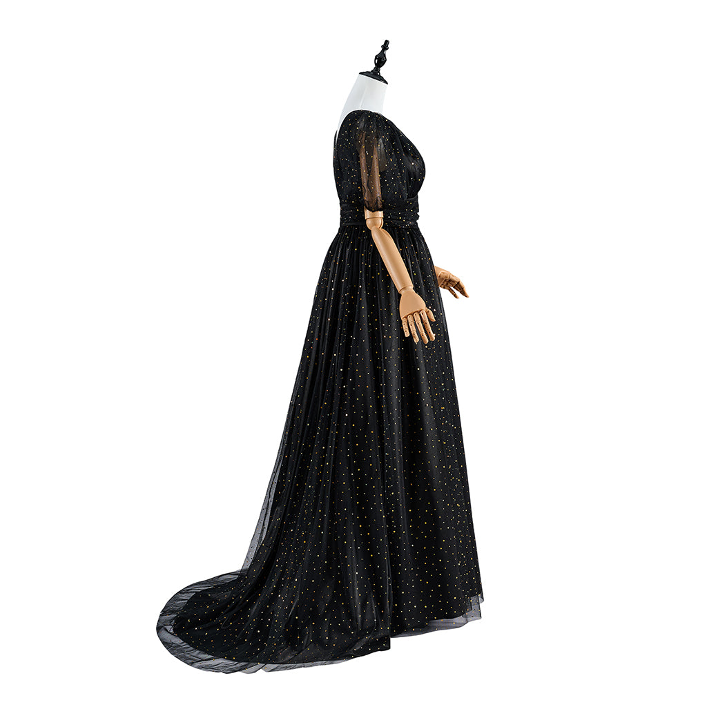 Regency Black V Neck Gown with Puff Sleeves and Flowing Skirt for Historical Reenactments Regency Themed Cosplay Events Formal Historical Galas