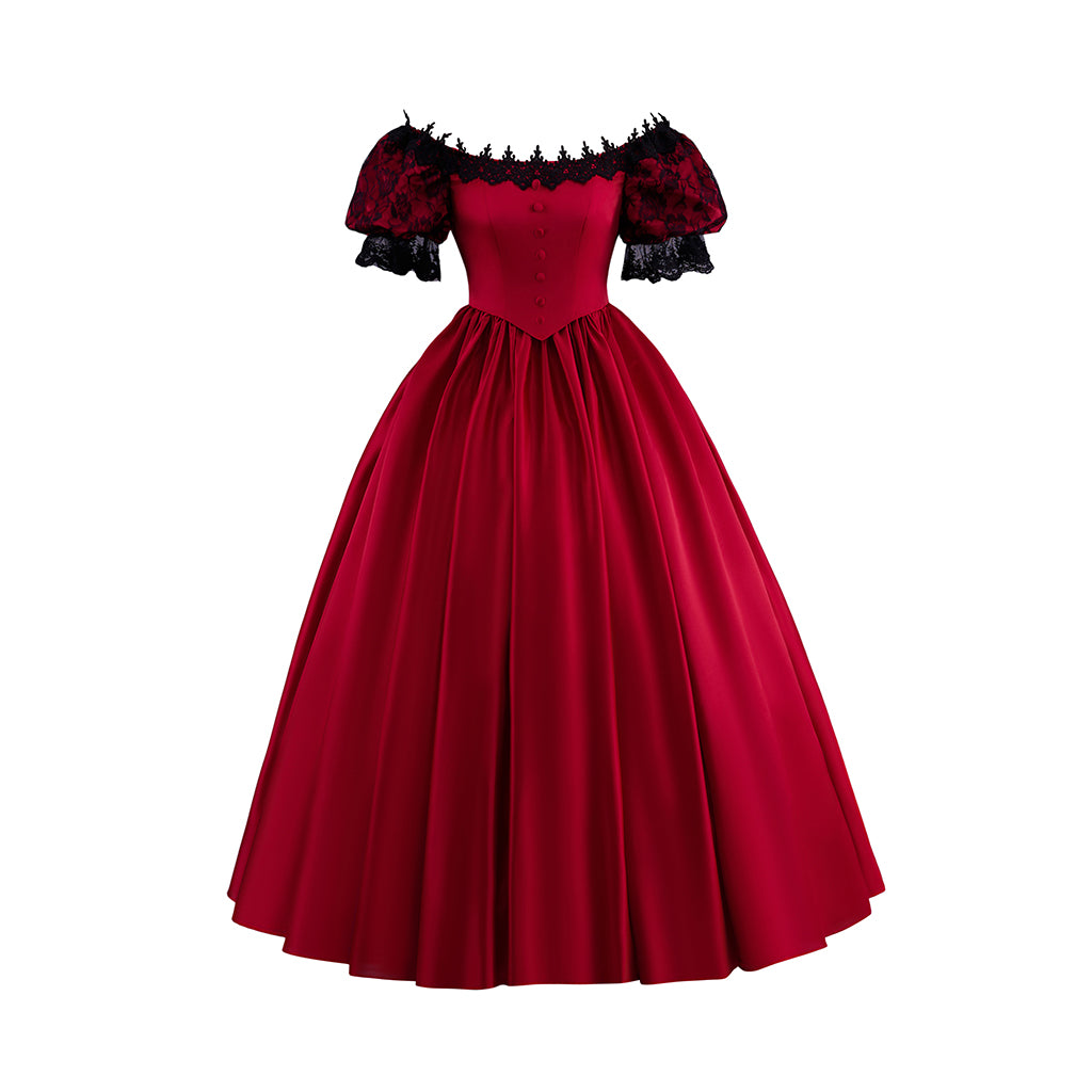 Victorian Red Satin Gown with Off Shoulder Neckline Black Ruffled Trim for Historical Reenactments Victorian Themed Halloween Christmas