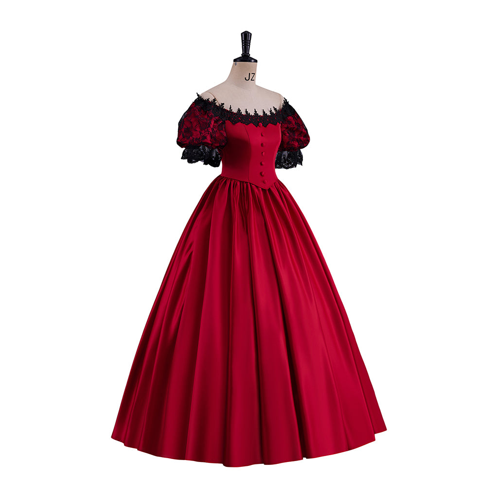 Victorian Red Satin Gown with Off Shoulder Neckline Black Ruffled Trim for Historical Reenactments Victorian Themed Halloween Christmas