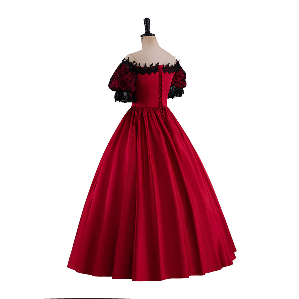 Victorian Red Satin Gown with Off Shoulder Neckline Black Ruffled Trim for Historical Reenactments Victorian Themed Halloween Christmas