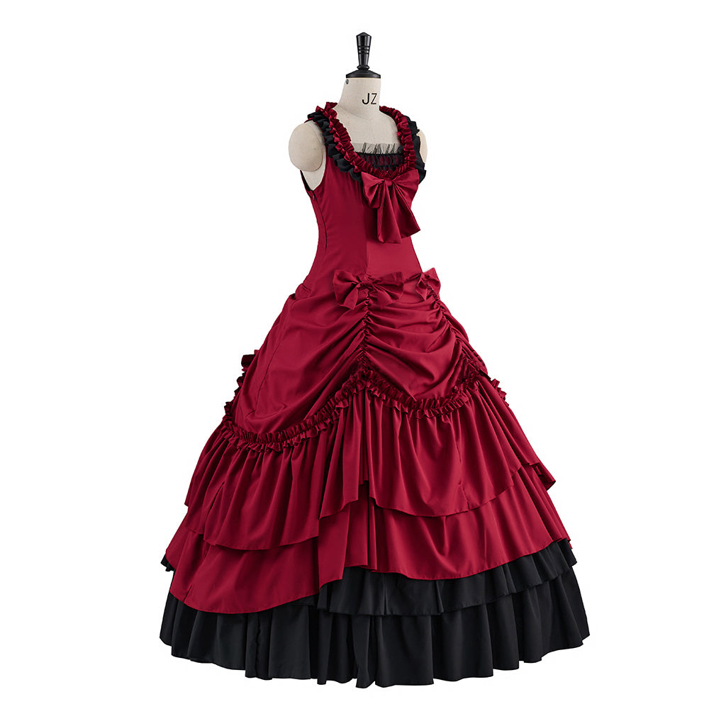 Victorian Red Velvet Gown with Waist - Cinching and Ruffled Skirt Details for Historical Reenactments Victorian Themed Gatherings Halloween Christmas