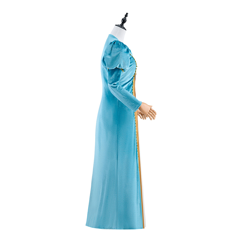 Renaissance Light Blue and Gold Color - Blocked Gown with Puff Sleeves and Fitted Waist for Historical Reenactments Halloween Christmas