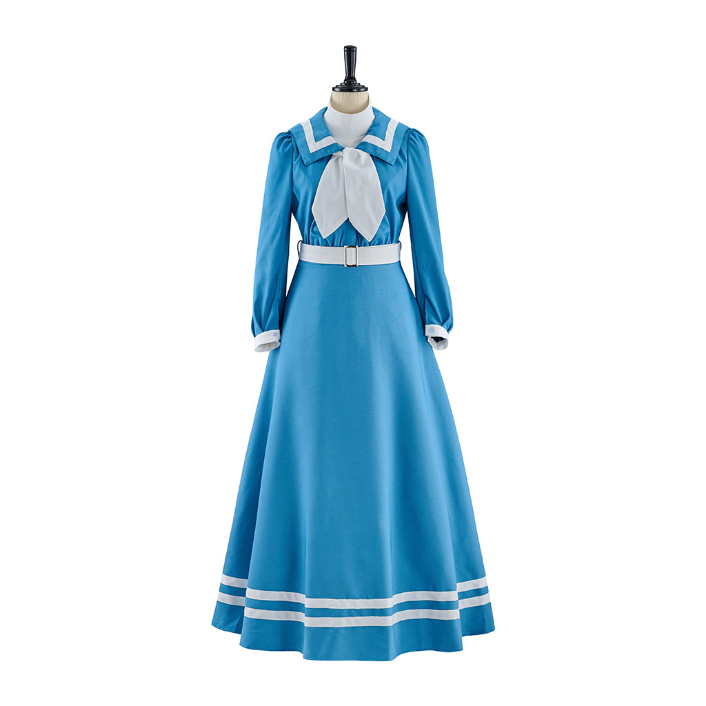 Regency Blue Satin Gown with High Waist Long Sleeves and White Trim for Historical Reenactments Regency Themed Gatherings Halloween Christmas