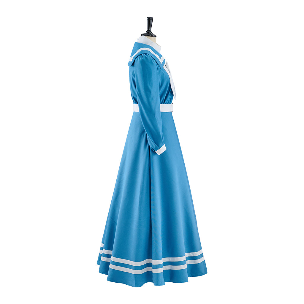 Regency Blue Satin Gown with High Waist Long Sleeves and White Trim for Historical Reenactments Regency Themed Gatherings Halloween Christmas