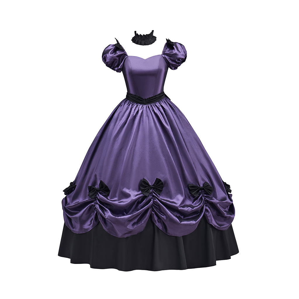 Victorian Style Lavender Purple Gown with Puff Sleeves Ruffled Skirt Black Trimmed Hem for Historical Halloween Christmas