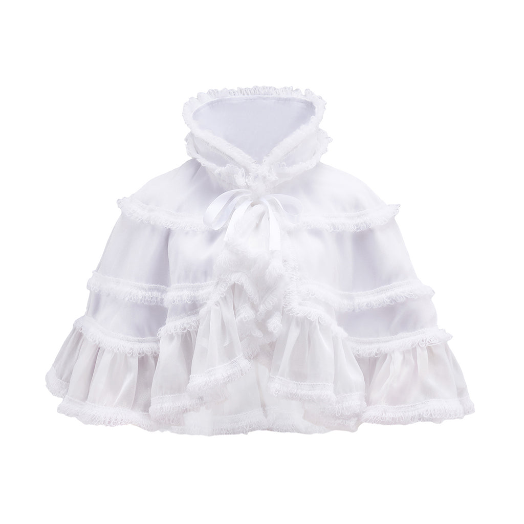 Rococo Style Blush Pink Tiered Ruffled Tulle Cloak with Bow Accent for Historical Reenactments Theatrical Halloween and Christmas Celebrations