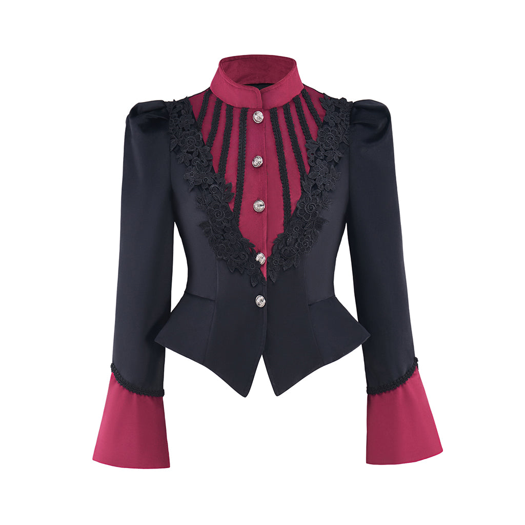 Regency Style Black Tailored Waistcoat with Crimson Ruffled Collar for Historical Reenactments Theatrical Performances Halloween Celebrations
