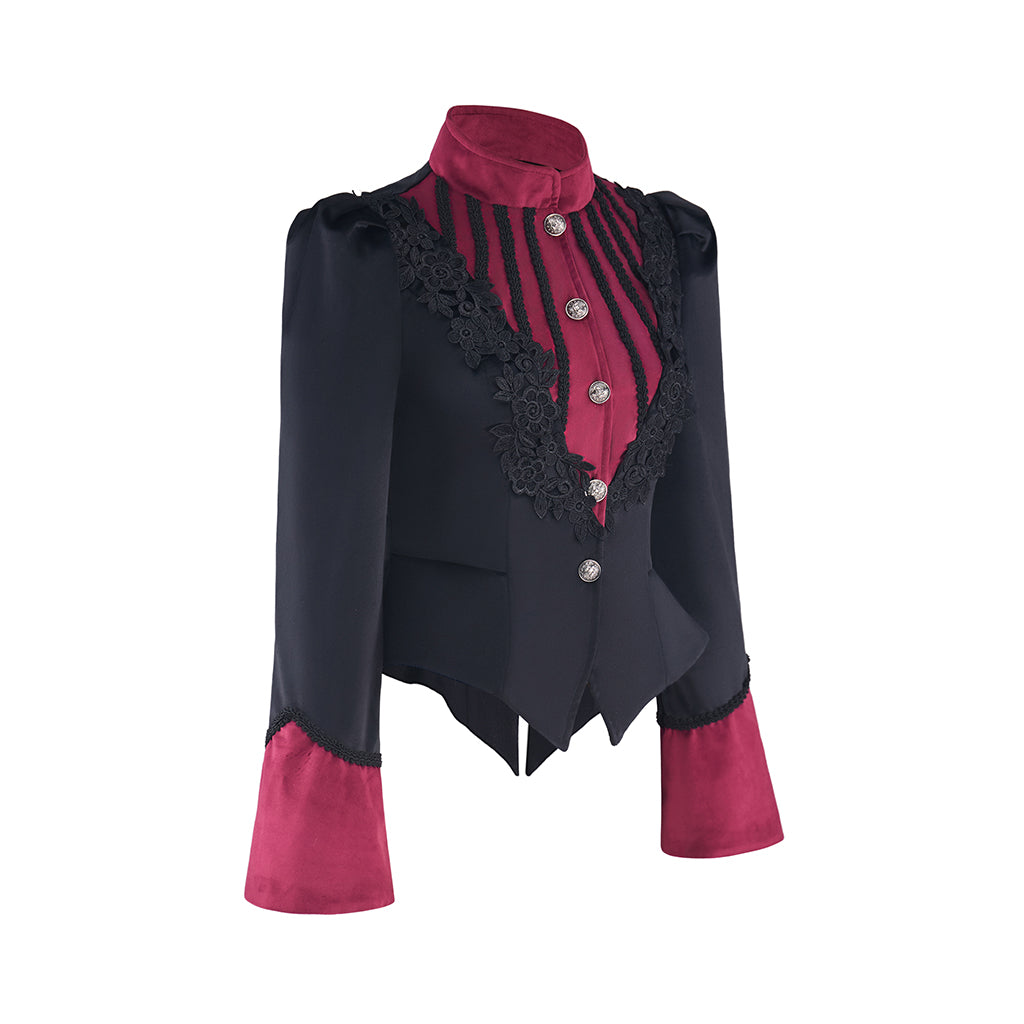 Regency Style Black Tailored Waistcoat with Crimson Ruffled Collar for Historical Reenactments Theatrical Performances Halloween Celebrations