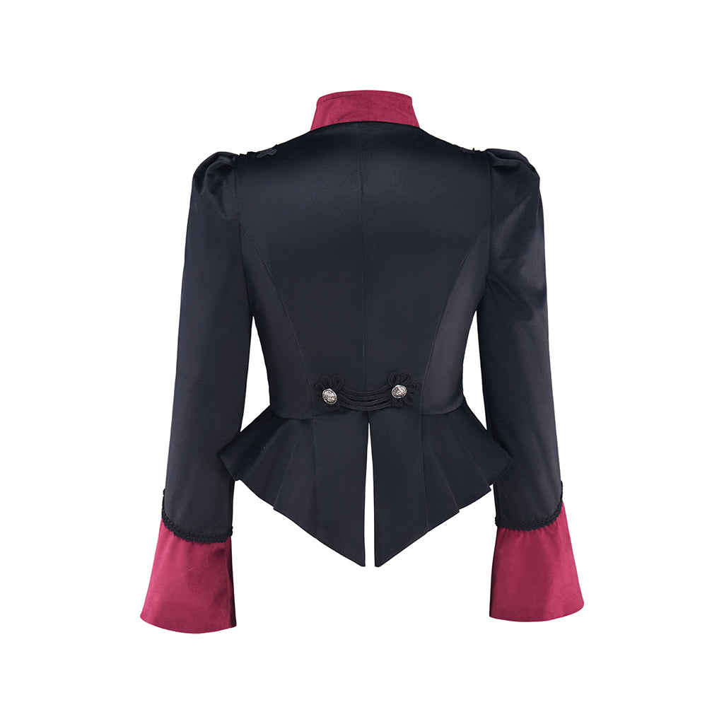 Regency Style Black Tailored Waistcoat with Crimson Ruffled Collar for Historical Reenactments Theatrical Performances Halloween Celebrations