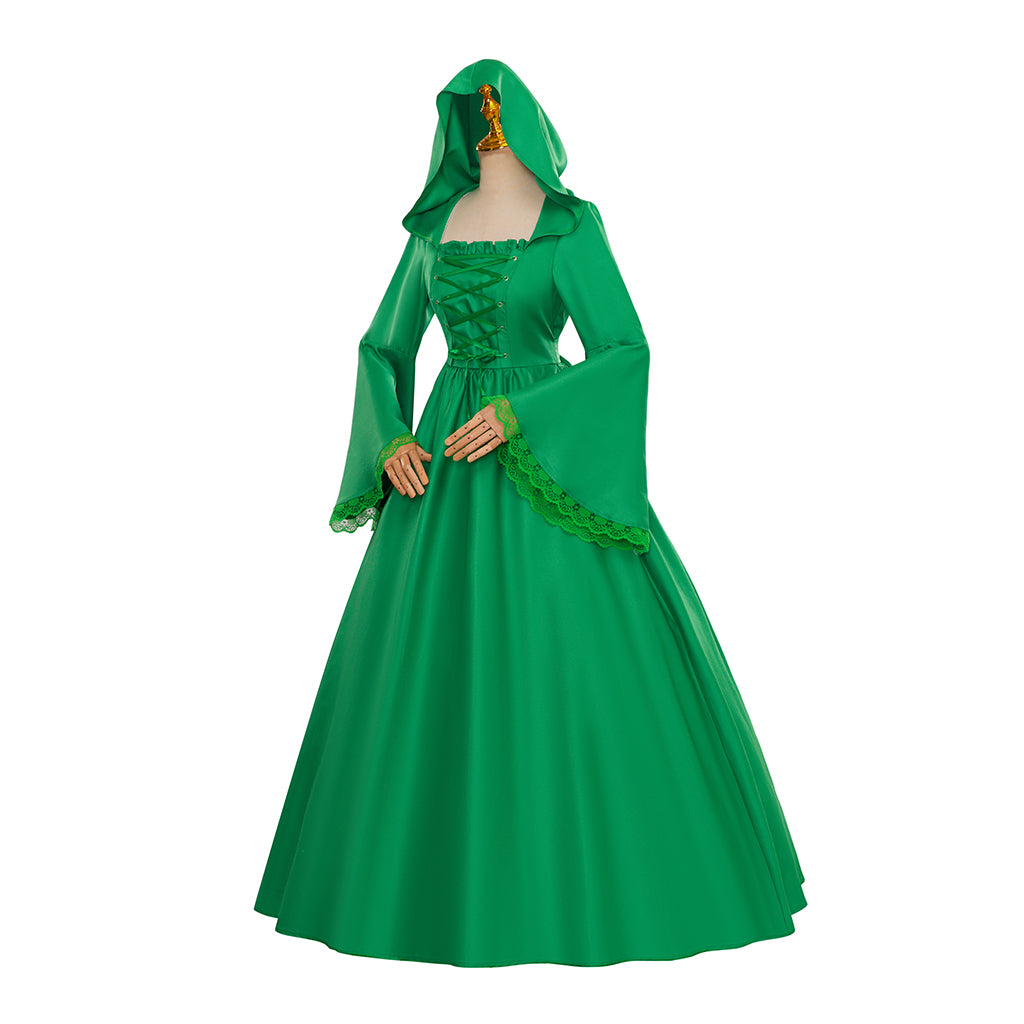 Medieval Style Emerald Green Hooded Gown with Bell Sleeves for Historical Reenactments Halloween Christmas