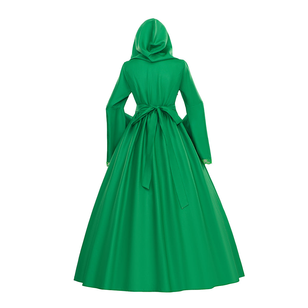 Medieval Style Emerald Green Hooded Gown with Bell Sleeves for Historical Reenactments Halloween Christmas