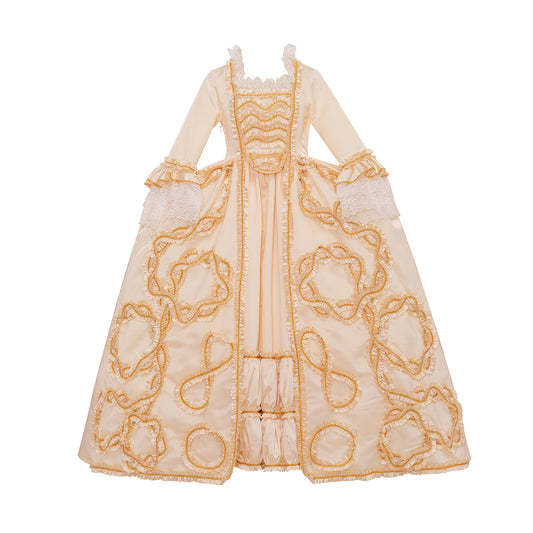 Rococo Style Cream Colored Gown with Gold Embroidered Motifs for Historical Reenactments Royal Court Halloween Christmas