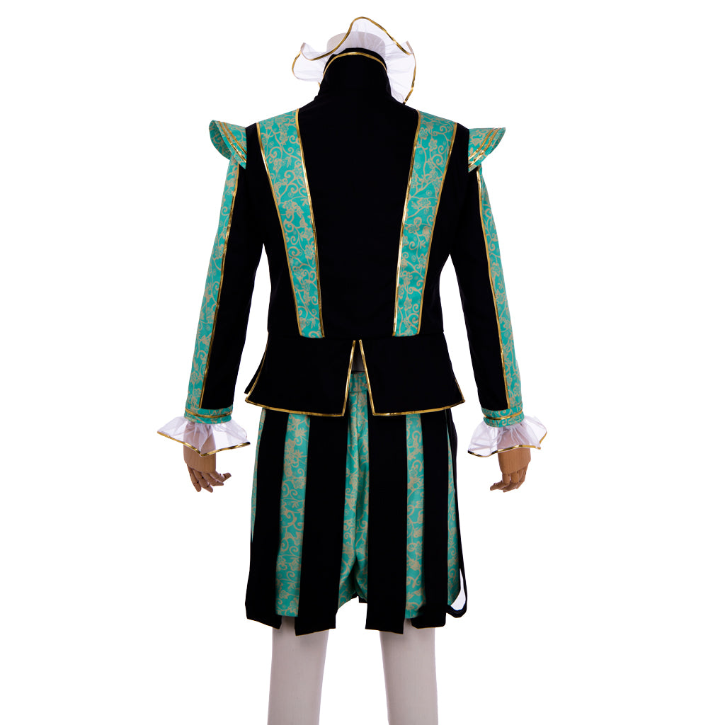 Medieval Men's Black Rococo Court Suit with Intricate Green Trim and Gold Accents Cosplay Stage Costume Adult Halloween Christmas Party Themed Outfit