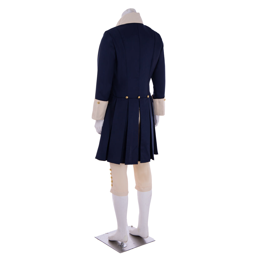 Medieval Men's Navy Blue Tailcoat with Gold Tone Buttons and Beige Breeches Costume for Historical Reenactments, Cosplay Events or Halloween Parties