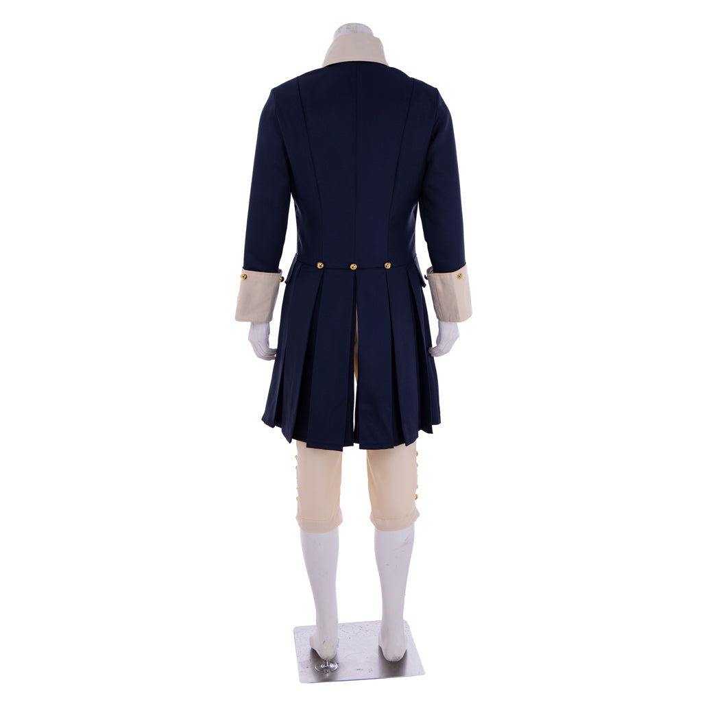 Medieval Men's Navy Blue Tailcoat with Gold Tone Buttons and Beige Breeches Costume for Historical Reenactments, Cosplay Events or Halloween Parties